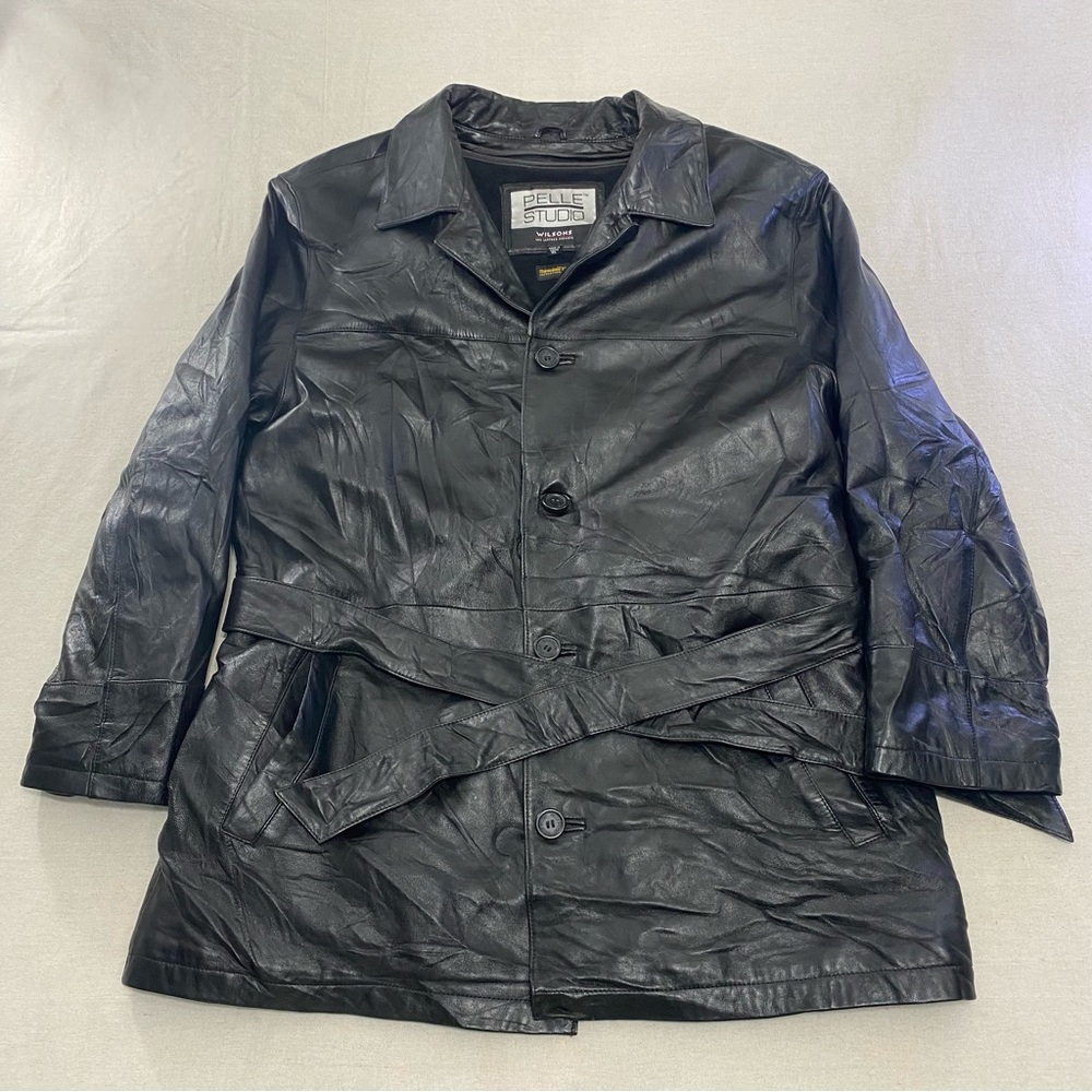 Wilson Pelle Studio Womens XL 100% Leather Belted Coat Jacket Thinsulate Black